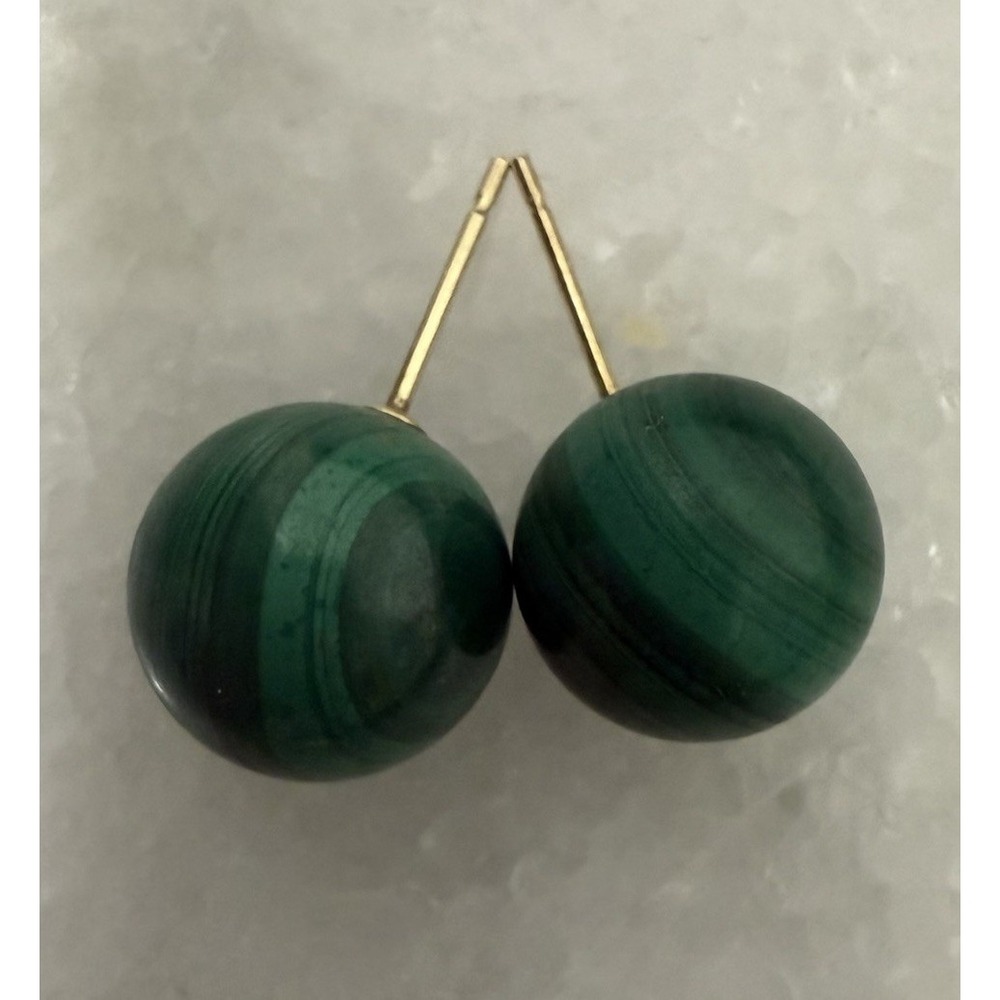 14K 4.29 Gram Solid Yellow Gold Bead Green Malachite Gemstone Earrings VTG